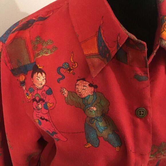 CHICO'S Red Faux Suede Chinese Scene Long Sleeve Blouse Jacket Sz 1 or Small - Picture 5 of 8